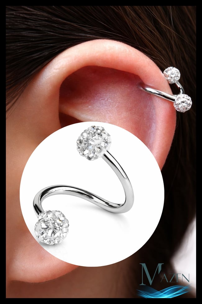 Taşlı Cerrahi Çelik Spiral Burgulu Kıkırdak Dudak Piercing Gümüş Renk