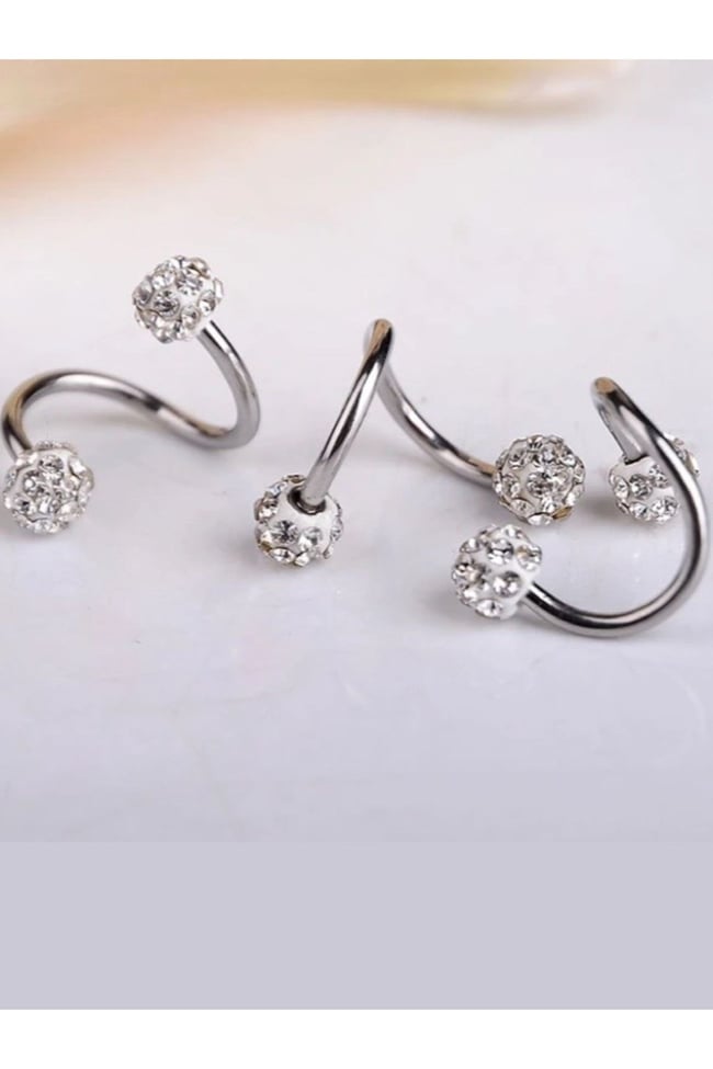 Taşlı Cerrahi Çelik Spiral Burgulu Kıkırdak Dudak Piercing Gümüş Renk