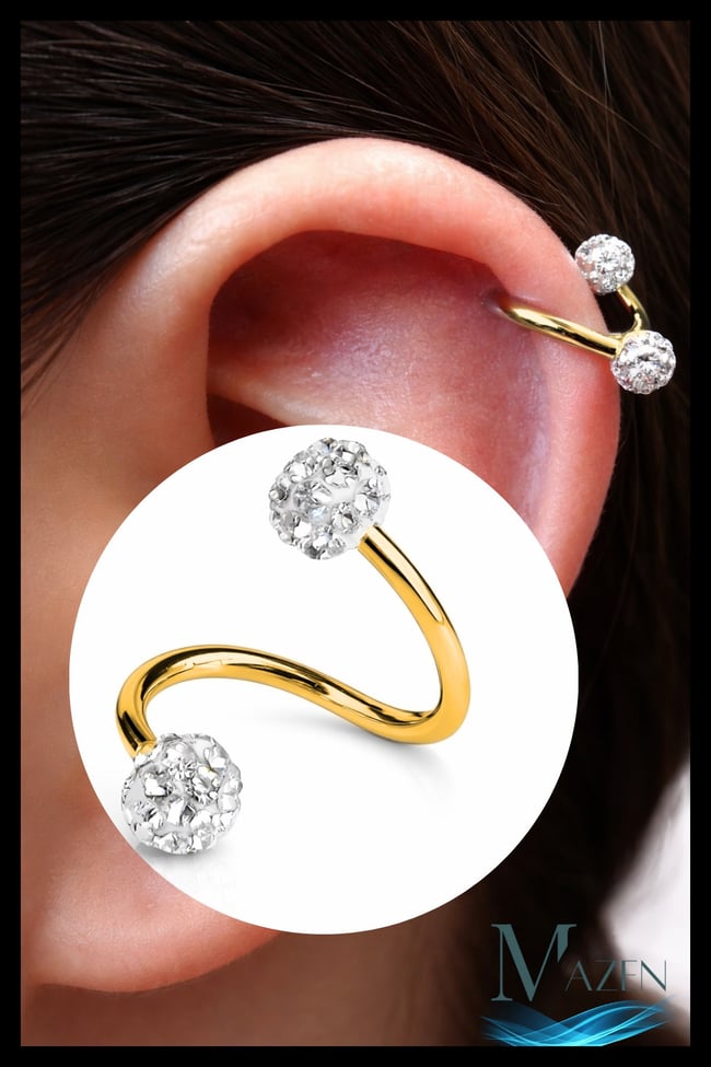 Taşlı Cerrahi Çelik Spiral Burgulu Kıkırdak Dudak Piercing Gold Renk