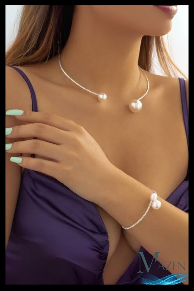 Taşlı Choker ve Bileklik Seti | Su Yolu İncili Tasarım | Özel Gün Şık Kadın Takı | Gümüş Renk