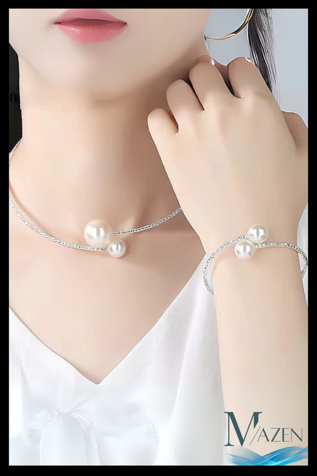 Taşlı Choker ve Bileklik Seti | Su Yolu İncili Tasarım | Özel Gün Şık Kadın Takı | Gümüş Renk