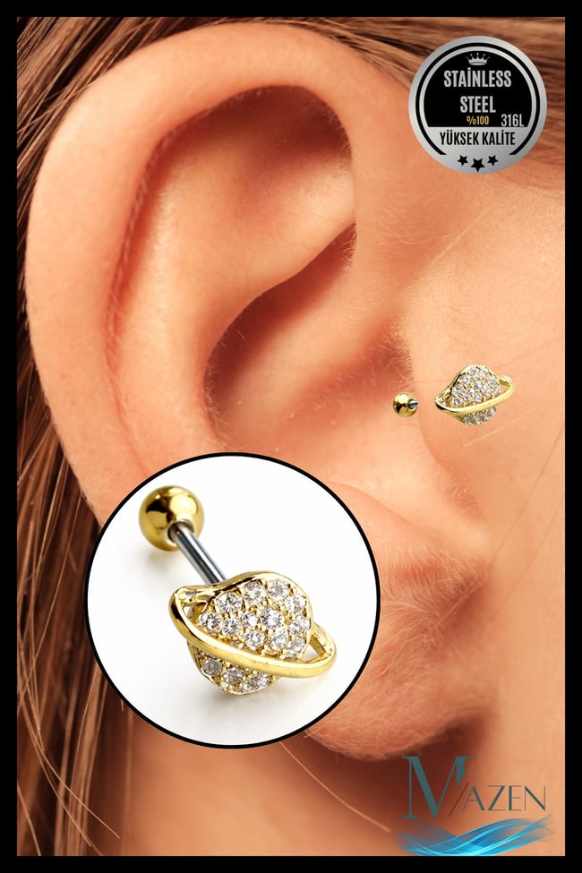 Taşlı Gezegen Figürlü Tragus Helix Piercing | 316L Çelik Takı Gold Renk