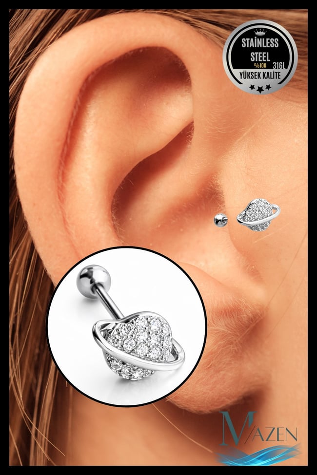 Taşlı Gezegen Figürlü Tragus Helix Piercing | 316L Çelik Takı Gümüş Renk