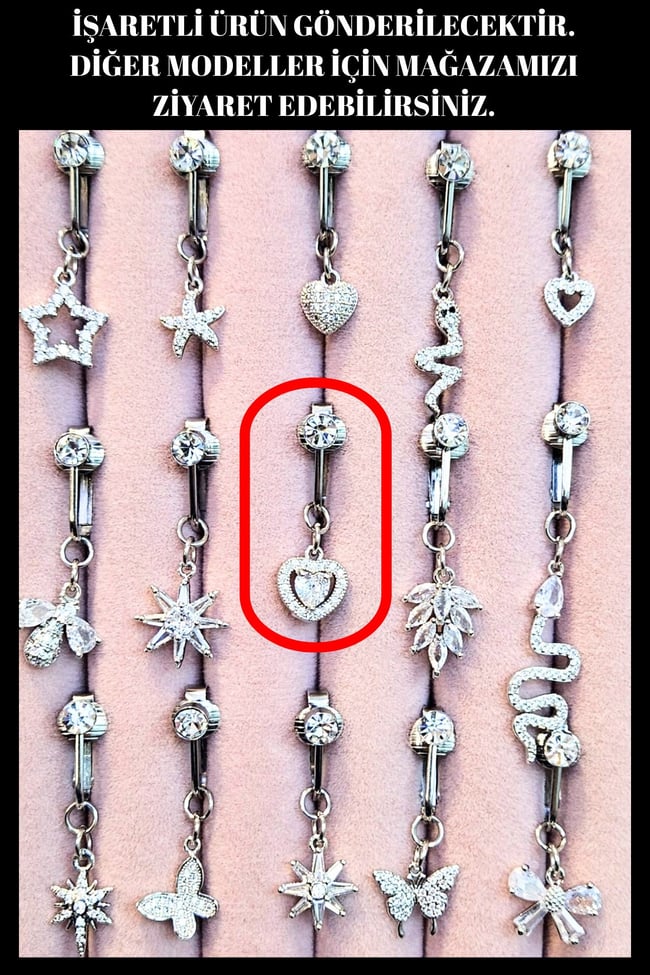 Taşlı Kalp Model Sıkıştırmalı Delik Gerektirmeyen Fake Sallantılı Göbek Piercing |Deliksiz Model
