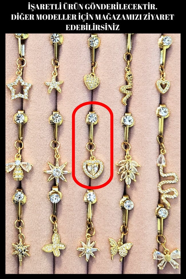 Taşlı Kalp Model Sıkıştırmalı Delik Gerektirmeyen Fake Sallantılı Göbek Piercing |Deliksiz Model
