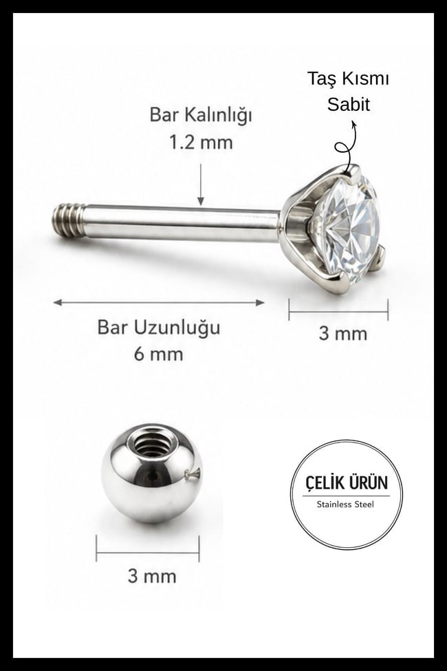 Taşlı Labret Piercing Arkası Toplu Gümüş Renk Vidalı Tragus Helix Kulak Piercingi
