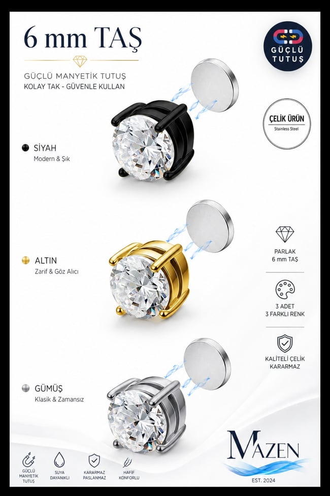 Taşlı Mıknatıslı Erkek Küpe Seti 6 mm Siyah Gold Gümüş 3 Adet Manyetik Küpe