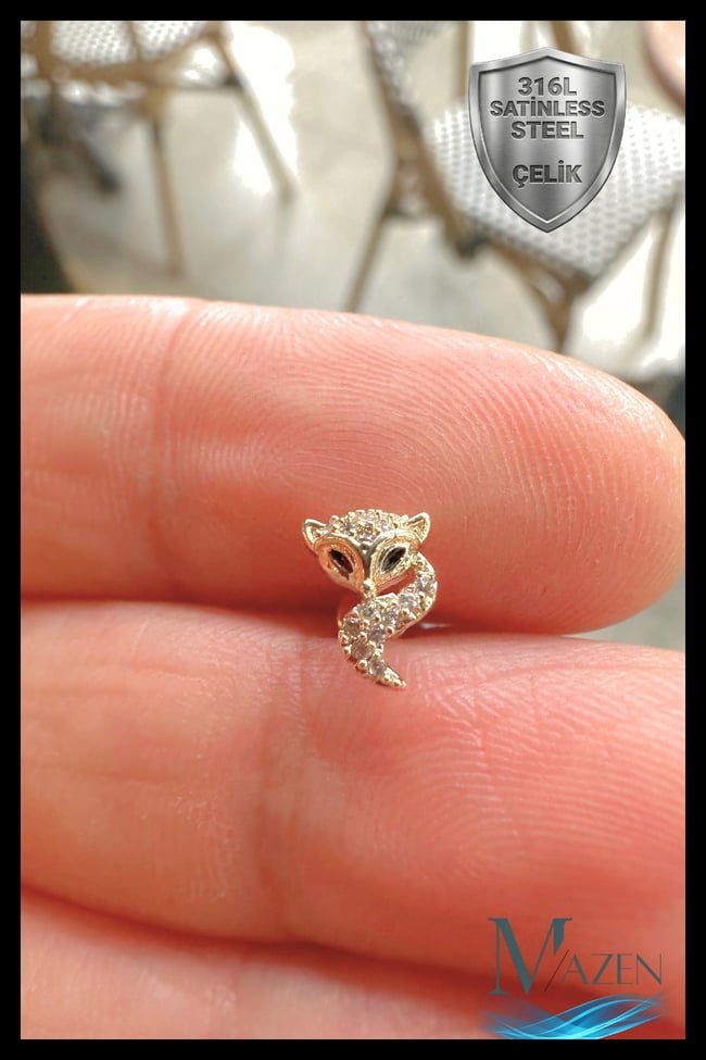 Tilki Figürlü Taşlı 316L Çelik Tragus Helix Piercing Fox Gold Renk Kadın Küpe