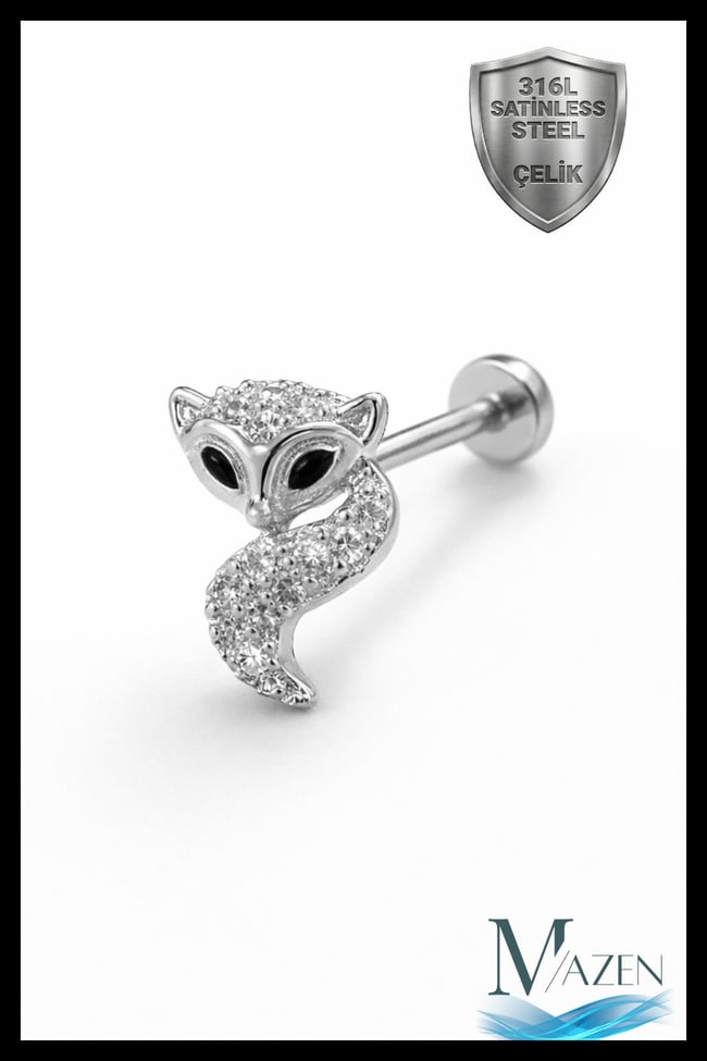 Tilki Figürlü Taşlı 316L Çelik Tragus Helix Piercing Fox Gümüş Renk Kadın Küpe
