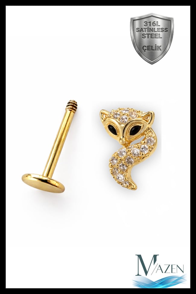 Tilki Figürlü Taşlı 316L Çelik Tragus Helix Piercing Fox Gold Renk Kadın Küpe