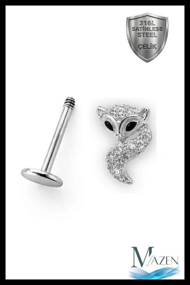Tilki Figürlü Taşlı 316L Çelik Tragus Helix Piercing Fox Gümüş Renk Kadın Küpe