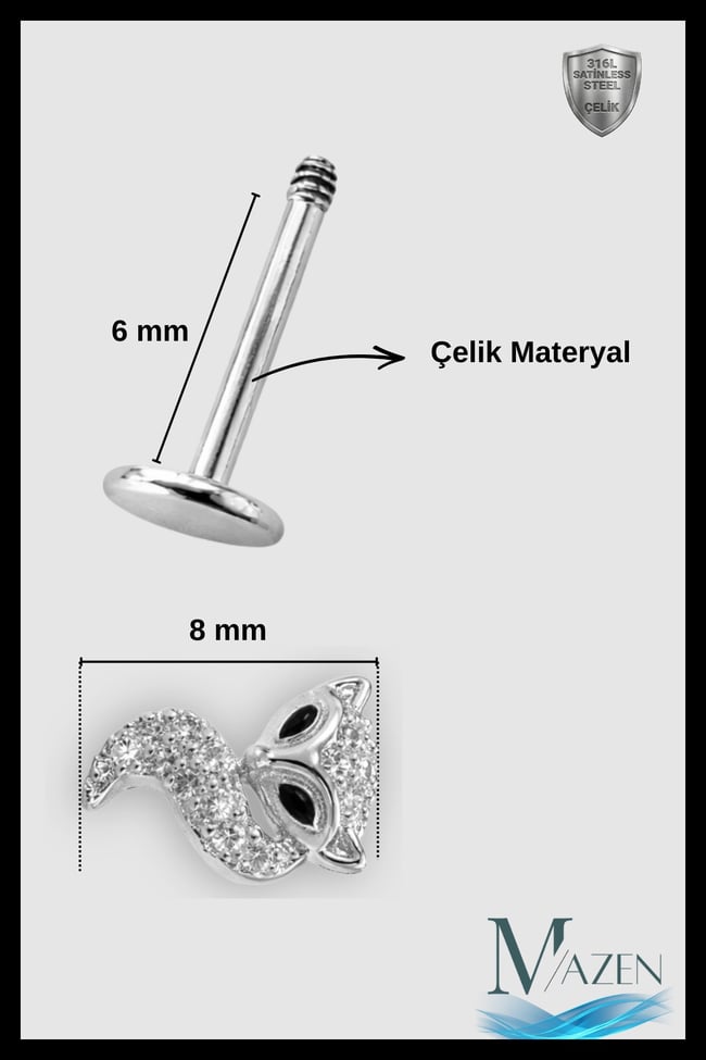 Tilki Figürlü Taşlı 316L Çelik Tragus Helix Piercing Fox Gümüş Renk Kadın Küpe
