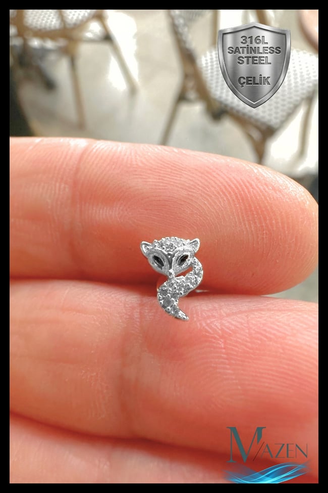 Tilki Figürlü Taşlı 316L Çelik Tragus Helix Piercing Fox Gümüş Renk Kadın Küpe