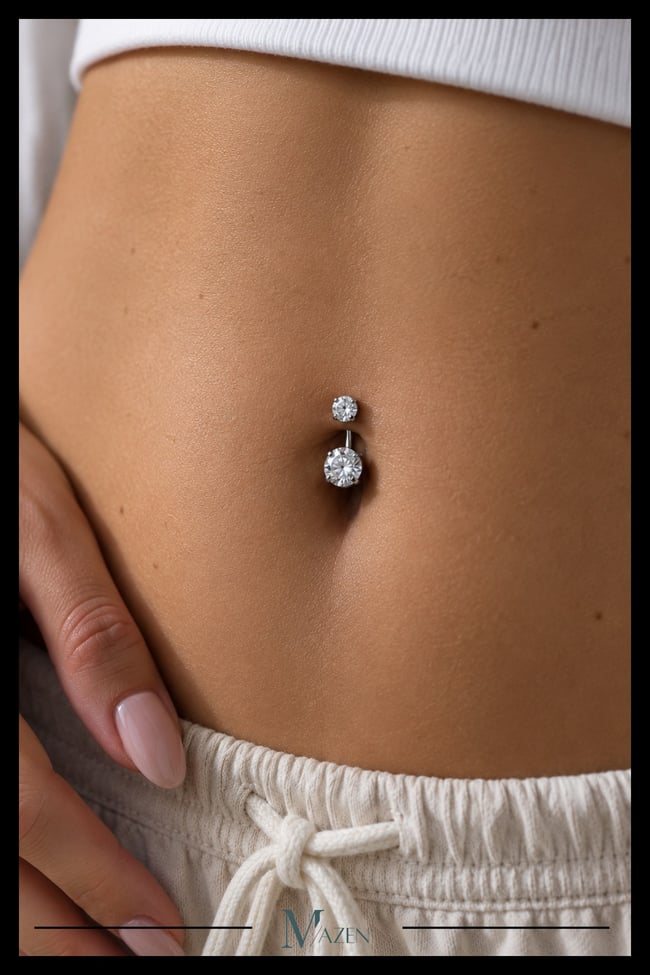 Titanyum G23 Belly Göbek Piercing Taşlı Hipoalerjenik Vidalı Gümüş Renk Premium Kalite