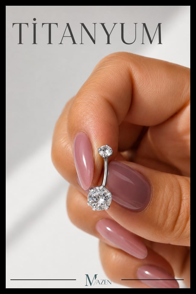 Titanyum G23 Belly Göbek Piercing Taşlı Hipoalerjenik Vidalı Gümüş Renk Premium Kalite