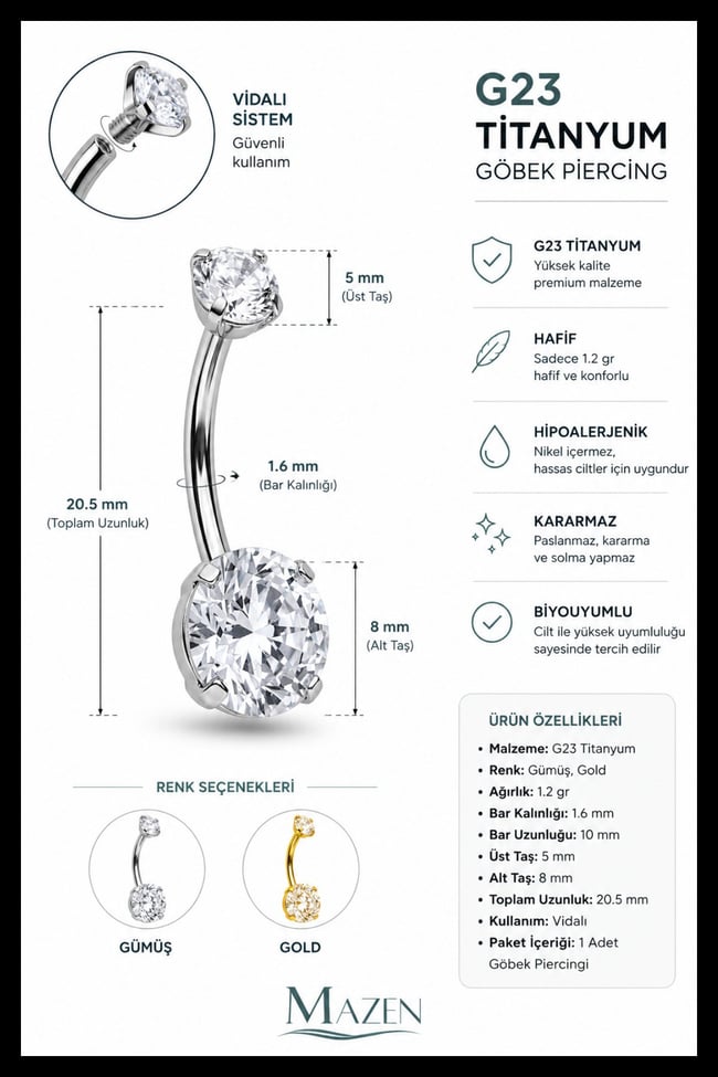 Titanyum G23 Belly Göbek Piercing Taşlı Hipoalerjenik Vidalı Gümüş Renk Premium Kalite