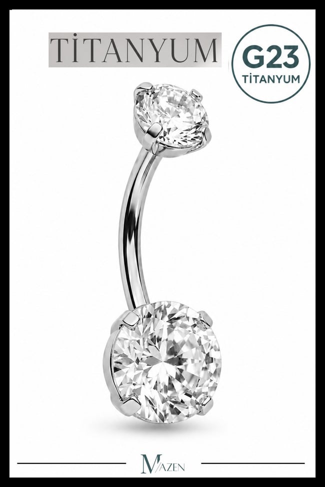 Titanyum G23 Belly Göbek Piercing Taşlı Hipoalerjenik Vidalı Gümüş Renk Premium Kalite
