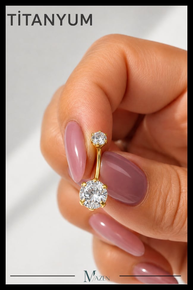 Titanyum G23 Belly Göbek Piercing Taşlı Hipoalerjenik Vidalı Gümüş Renk Premium Kalite