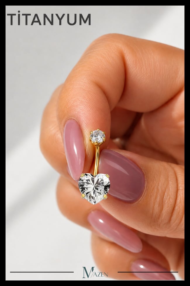 Titanyum G23 Kalp Göbek Piercing Taşlı Hipoalerjenik Vidalı Gold Renk Belly