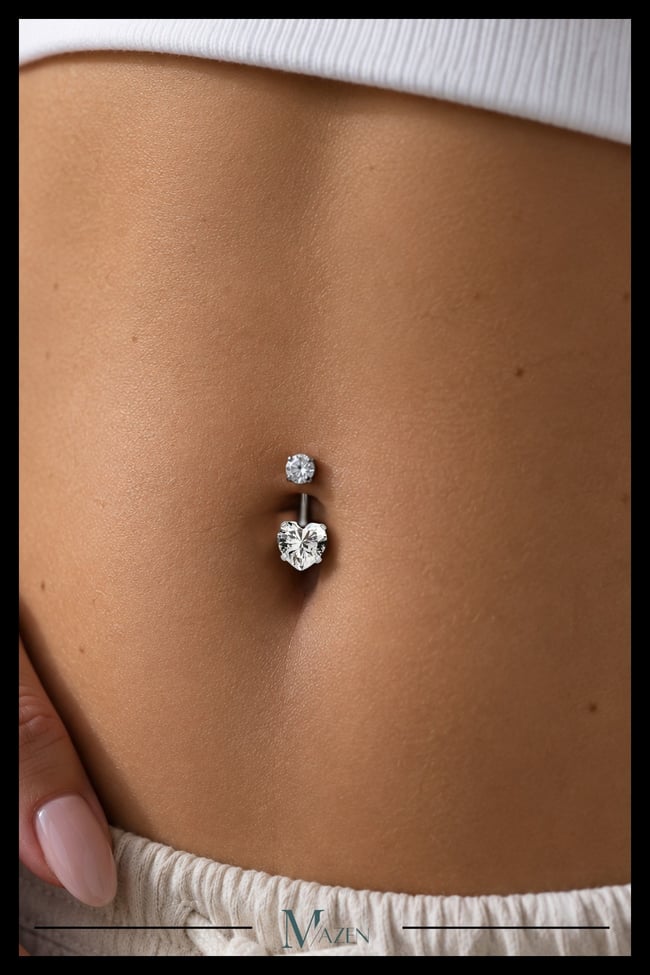 Titanyum G23 Kalp Göbek Piercing Taşlı Hipoalerjenik Vidalı Gümüş Renk Belly