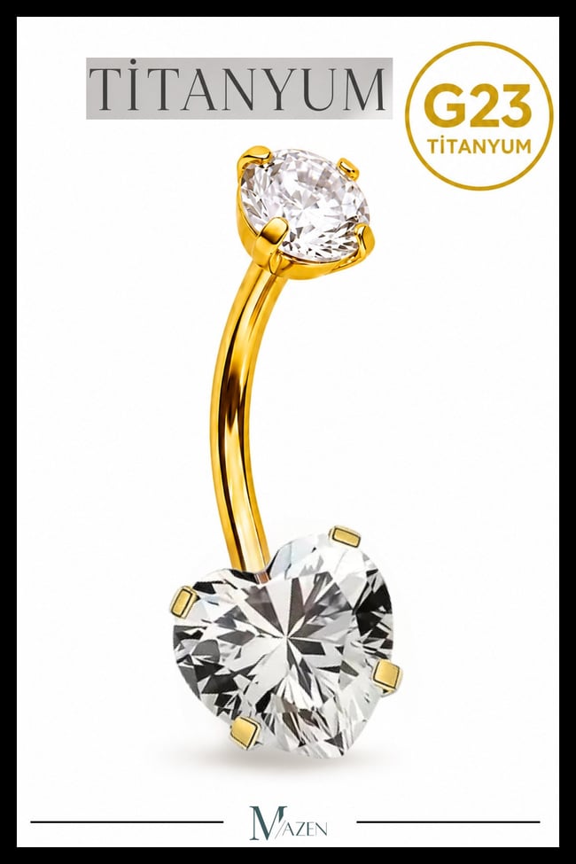 Titanyum G23 Kalp Göbek Piercing Taşlı Hipoalerjenik Vidalı Gold Renk Belly
