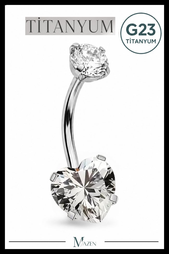 Titanyum G23 Kalp Göbek Piercing Taşlı Hipoalerjenik Vidalı Gümüş Renk Belly