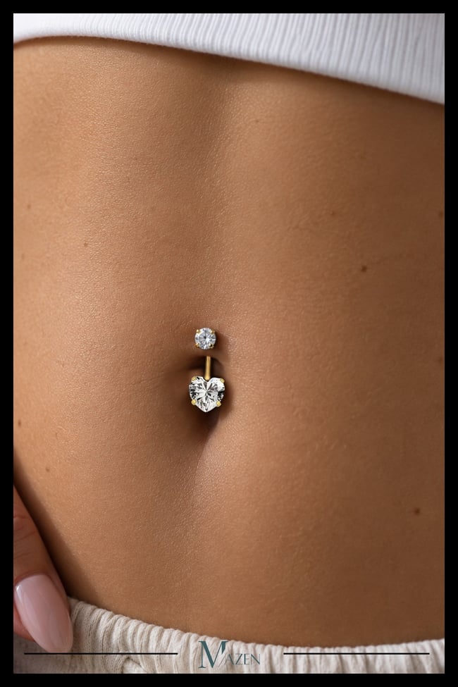 Titanyum G23 Kalp Göbek Piercing Taşlı Hipoalerjenik Vidalı Gold Renk Belly