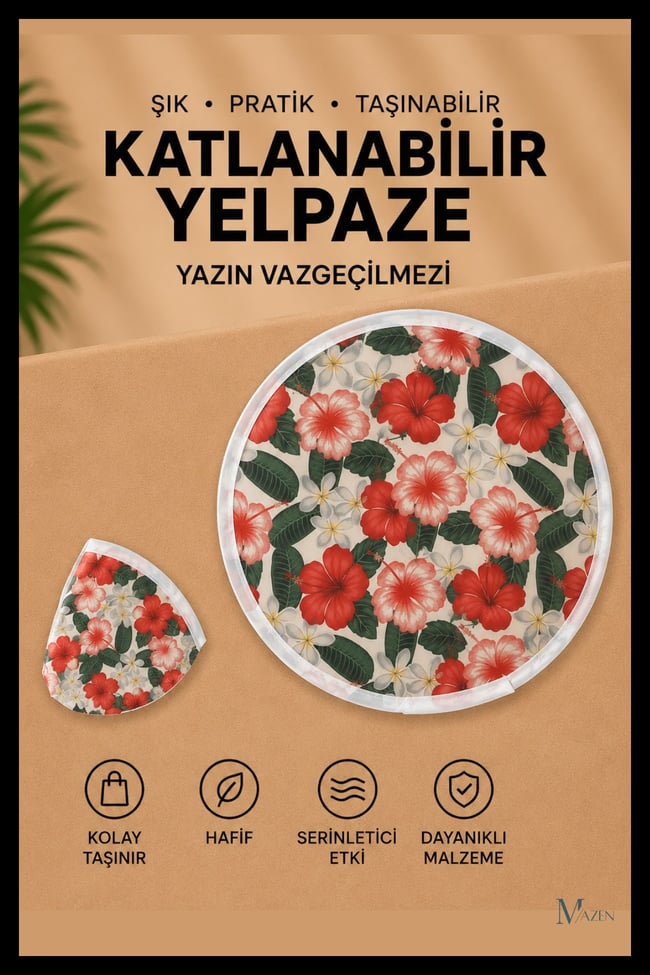 Tropikal Çiçek Desen Katlanabilir Yuvarlak Yazlık Taşınabilir El Yelpazesi