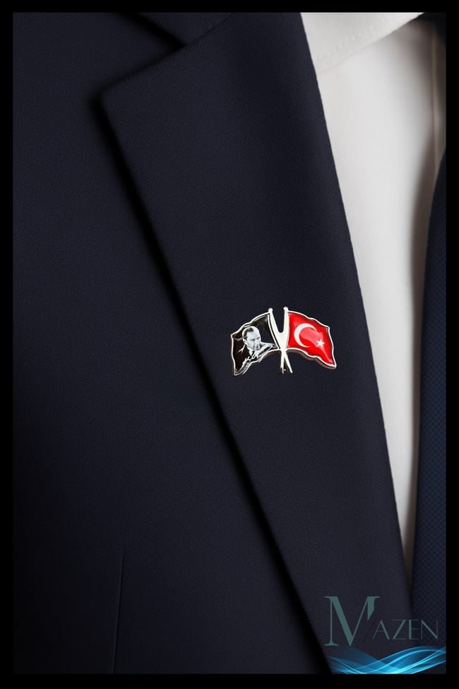 Türk Bayraklı ve Atatürk İmzalı Yaka Rozeti | Gümüş Renk | Metal Kararmaz | Unisex | Rozet