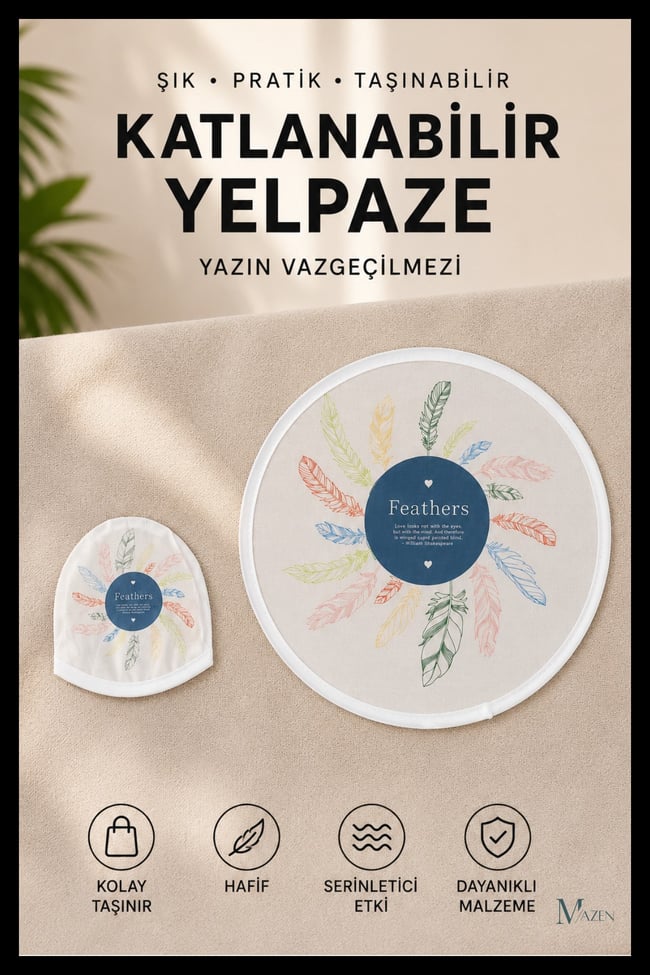 Tüy Desenli Katlanabilir Yuvarlak Yazlık Taşınabilir El Yelpazesi