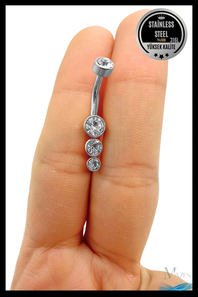 Üç Taşlı Sallantılı Göbek Piercing | 316L Çelik | Beyaz Taş Detaylı | Kadın Takı Aksesuar | Pirsing