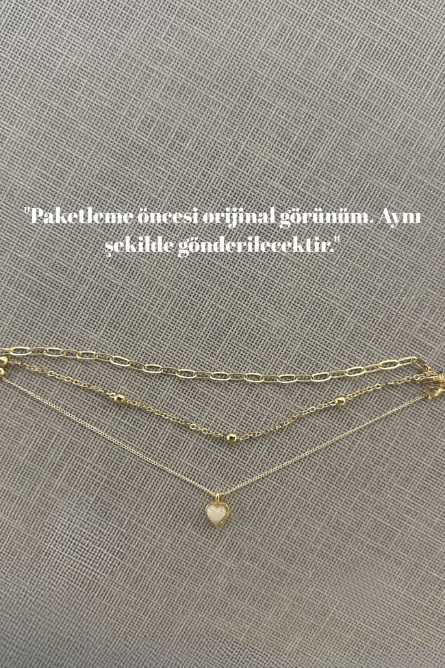 Üçlü Kombin Bileklik | Kalp Uçlu | Zincir Detaylı | Kadın Takı | Bileklik Kombini Gold Renk