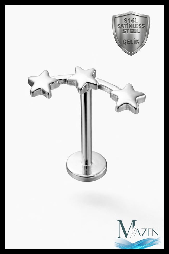 Üçlü Yıldız Helix Piercing | 6 mm Bar | Gold 316L Çelik Flat Back Tragus Gümüş Renk