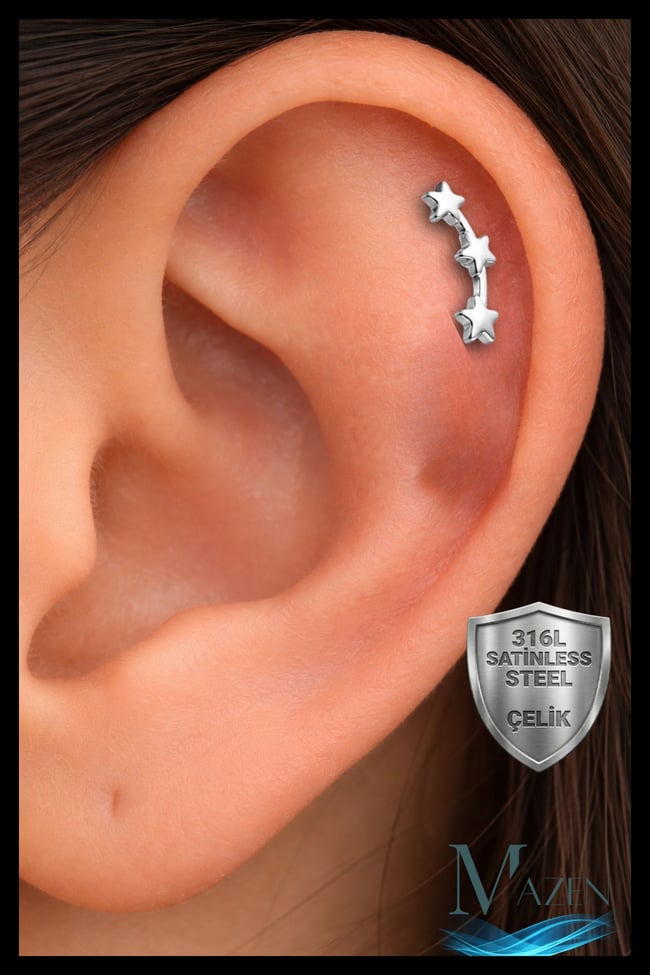 Üçlü Yıldız Helix Piercing | 6 mm Bar | Gold 316L Çelik Flat Back Tragus Gümüş Renk
