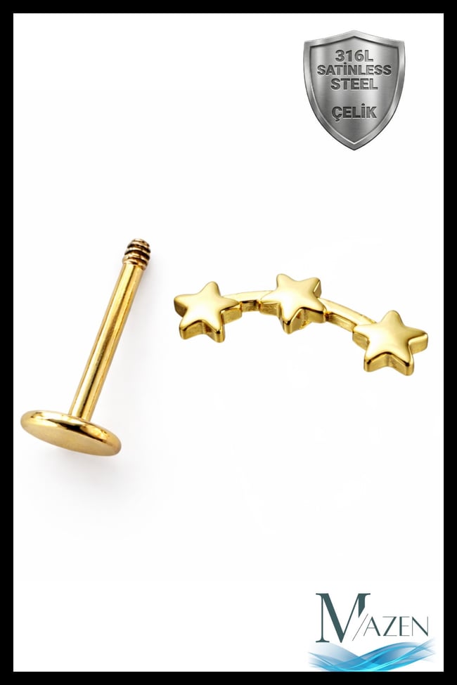 Üçlü Yıldız Helix Piercing | 6 mm Bar | Gold 316L Çelik Flat Back Tragus Gold Renk
