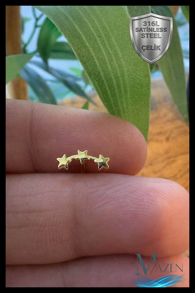 Üçlü Yıldız Helix Piercing | 6 mm Bar | Gold 316L Çelik Flat Back Tragus Gold Renk