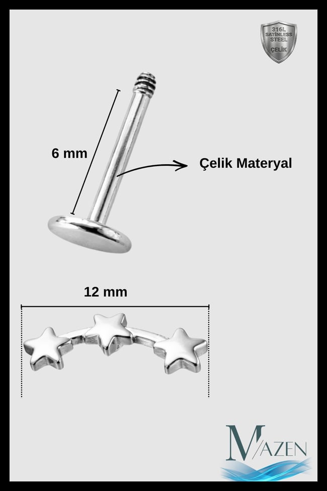 Üçlü Yıldız Helix Piercing | 6 mm Bar | Gold 316L Çelik Flat Back Tragus Gold Renk