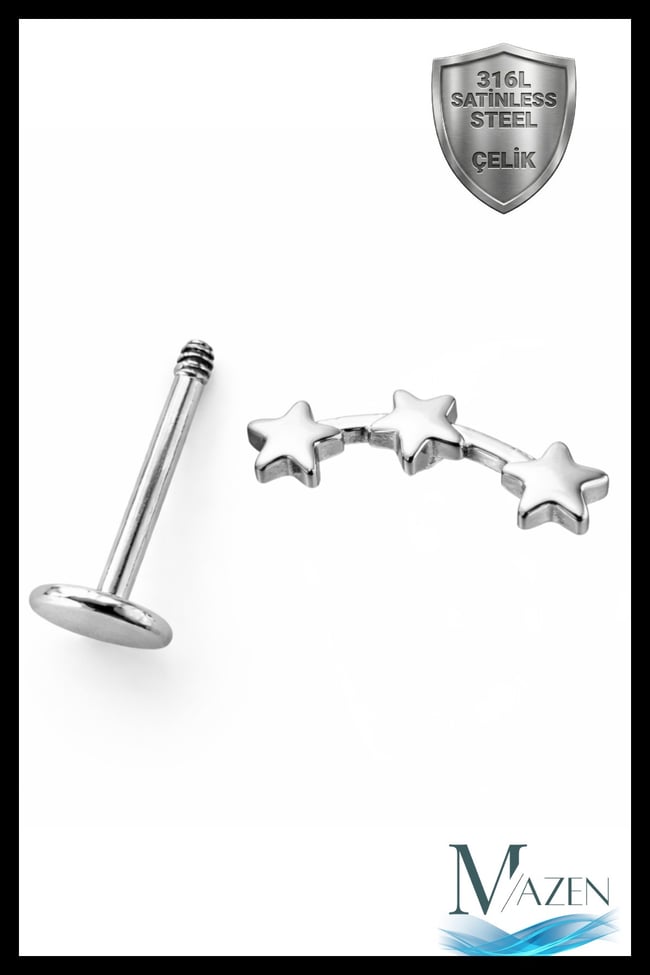 Üçlü Yıldız Helix Piercing | 6 mm Bar | Gold 316L Çelik Flat Back Tragus Gümüş Renk