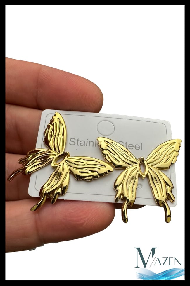 Uzun Kanat Kelebek Küpe | 316L Paslanmaz Çelik | Kadın Takı Aksesuar (3 cm) Gold Renk