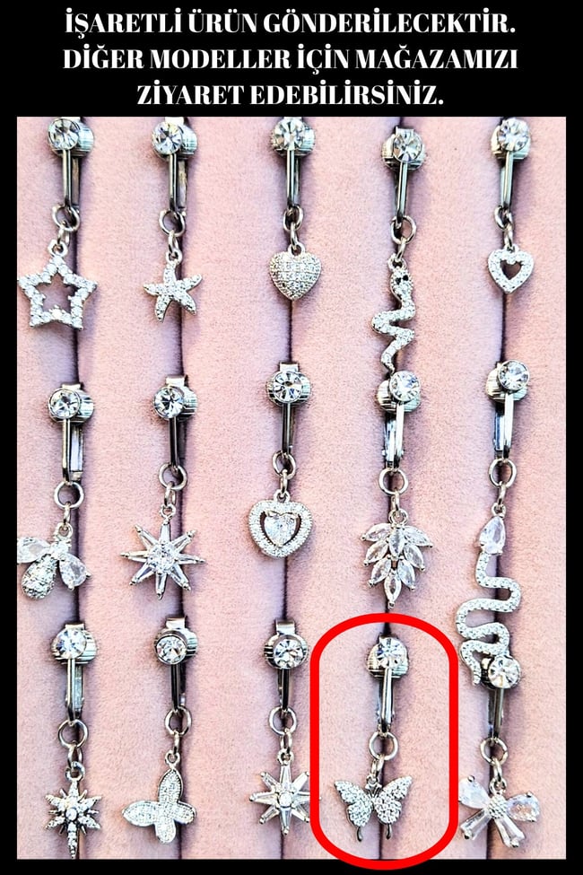 Uzun Kelebek Model Sıkıştırmalı Çelik Göbek Piercing | Yaylı Piercing Model | Delik Gerektirmeyen