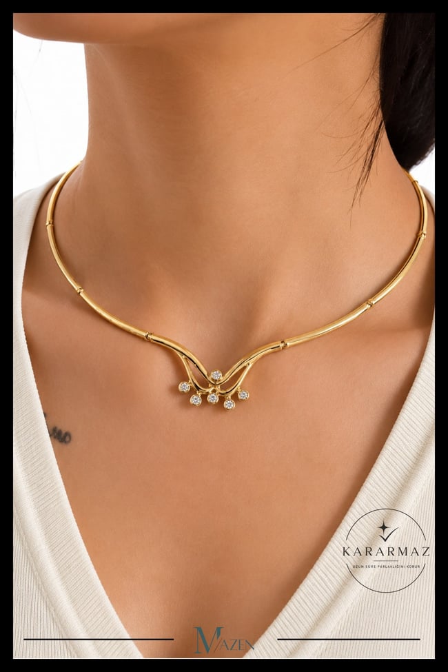 VIP Özel Tasarım Zirkon Taşlı Kavis Detaylı Gold Choker Kolye