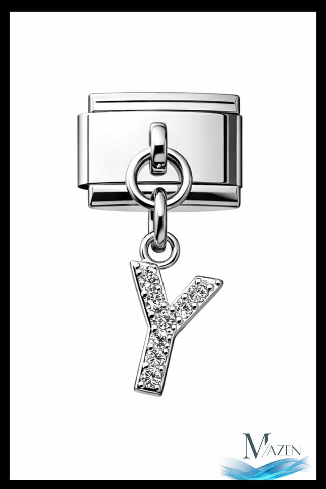 Y Harf Zirkon Taşlı İtalyan Charm Bileklik Aparatı | Çelik | Parlak Sallantılı Taşlı Model