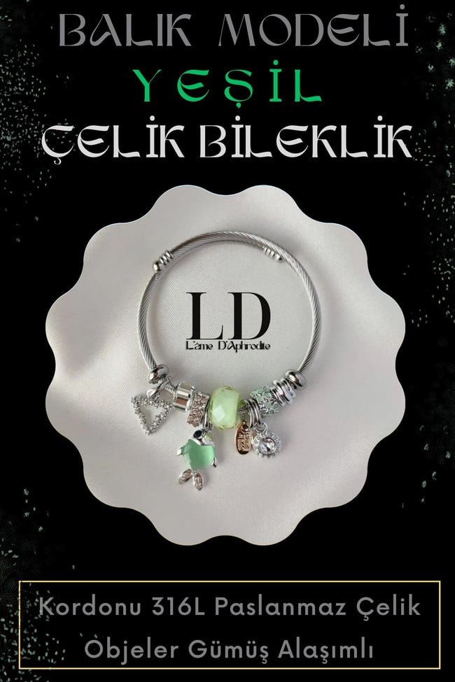 Yeşil Balıklı Halkası Charmlı Gümüş Alaşımlı Paslanmaz Çelik Bileklik BİL001