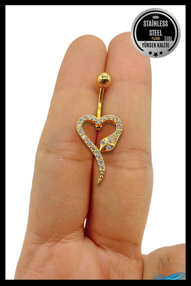 Yılan Figürlü Kalp Model Sallantılı Göbek Piercing | 316L Çelik | Kadın Takı Aksesuar | Pirsing
