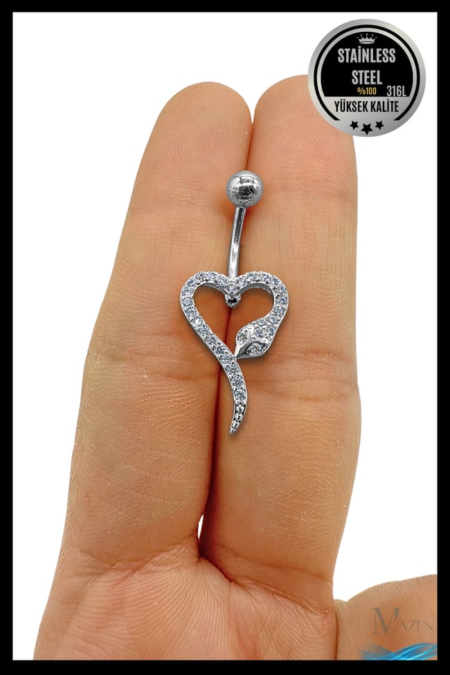Yılan Figürlü Kalp Model Sallantılı Göbek Piercing | 316L Çelik | Kadın Takı Aksesuar | Pirsing