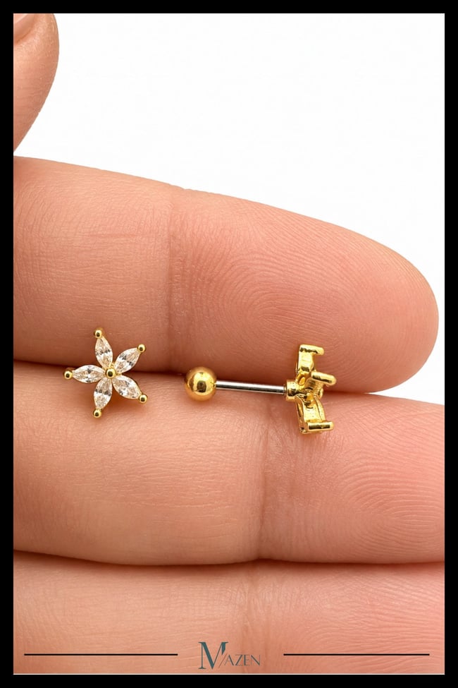 Yıldız Çiçeği Tragus Piercing Çelik Gold Renk Işıltılı Çiçek Tasarımı