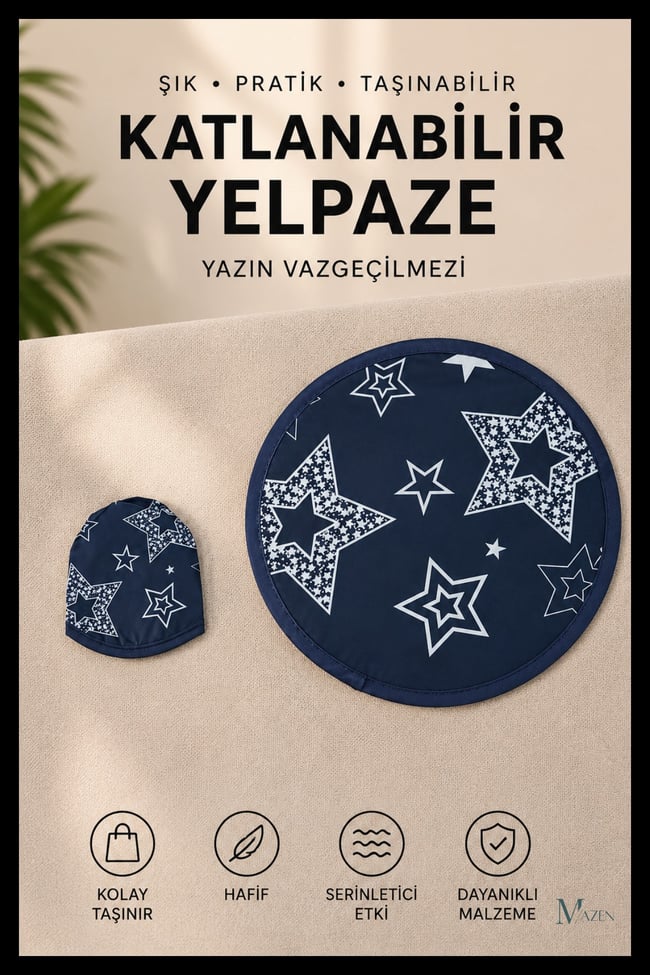 Yıldız Desenli Katlanabilir Yuvarlak Yazlık Taşınabilir El Yelpazesi