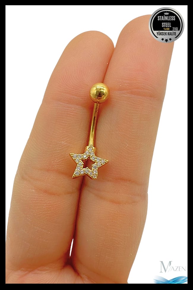Yıldız Figürlü Göbek Piercingi | 316l Gold Çelik | Antialerjik | Kararmaz Solmaz