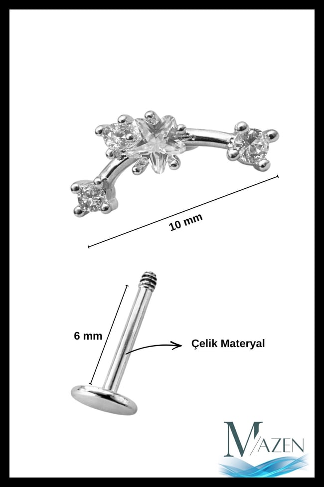 Yıldız Taşlı Arkası Düz Piercing | 316L Çelik | Gold Renk | Tragus Helix Kulak Piercing