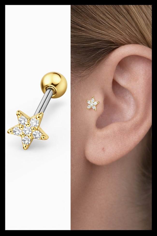 Yıldız Taşlı Tragus Piercing | 316L Cerrahi Çelik | Gold Renk | 1 Adet